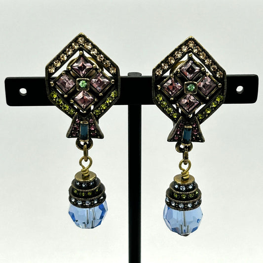 Heidi Daus Rhinestone Blue Glass Drop Dangle Women's Clip on Earrings Multicolor