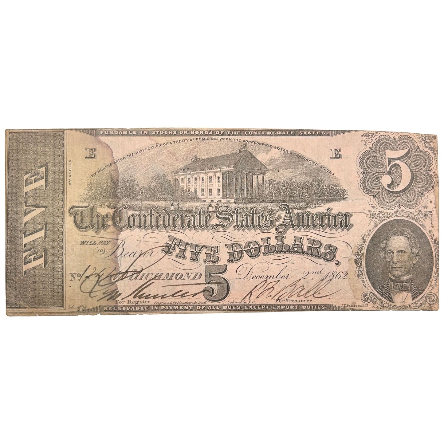 Rare 2nd Series 1862 Confederate States Of America $5 Bill - Circulated Banknote