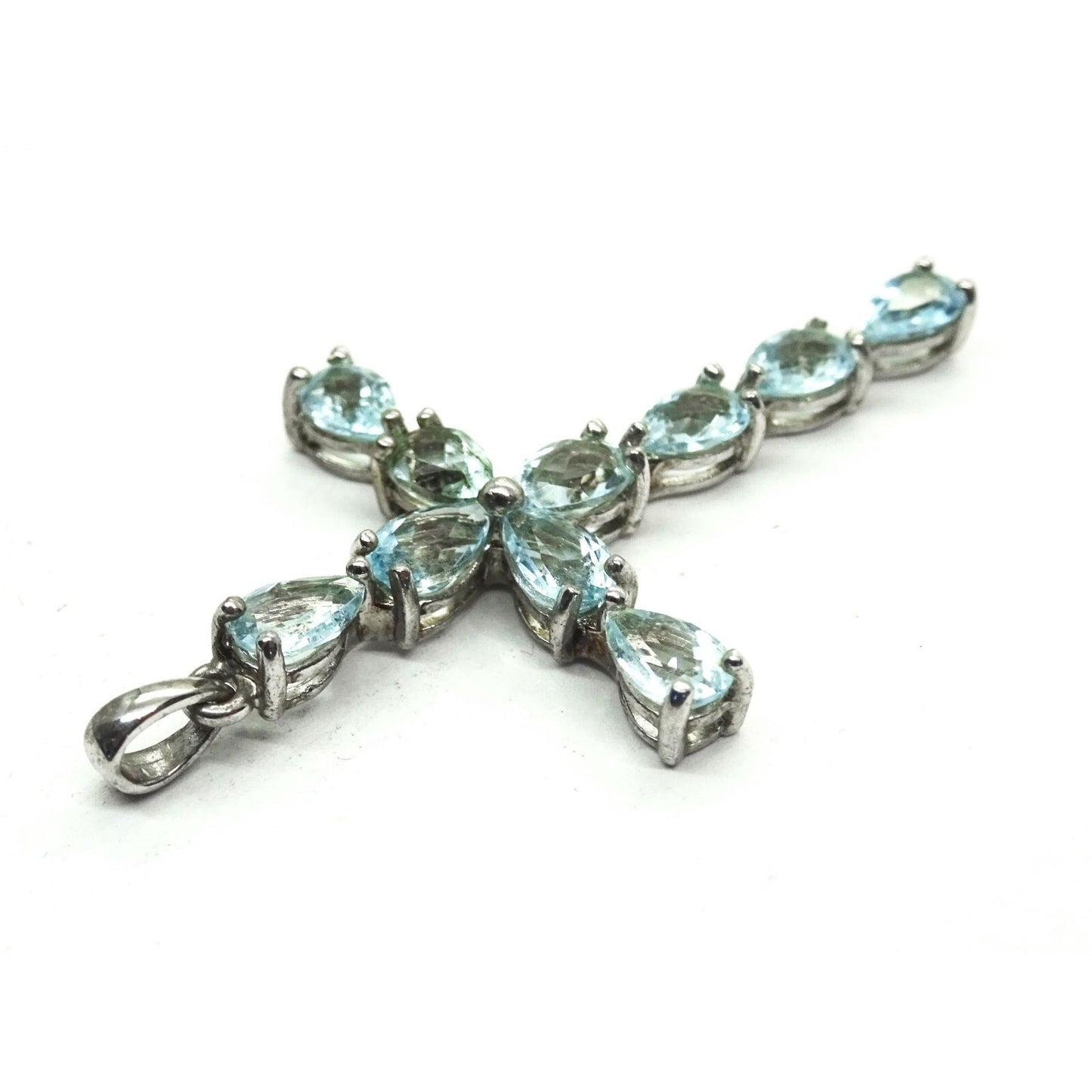 Pear Blue Topaz Cross Pendant Sterling Silver