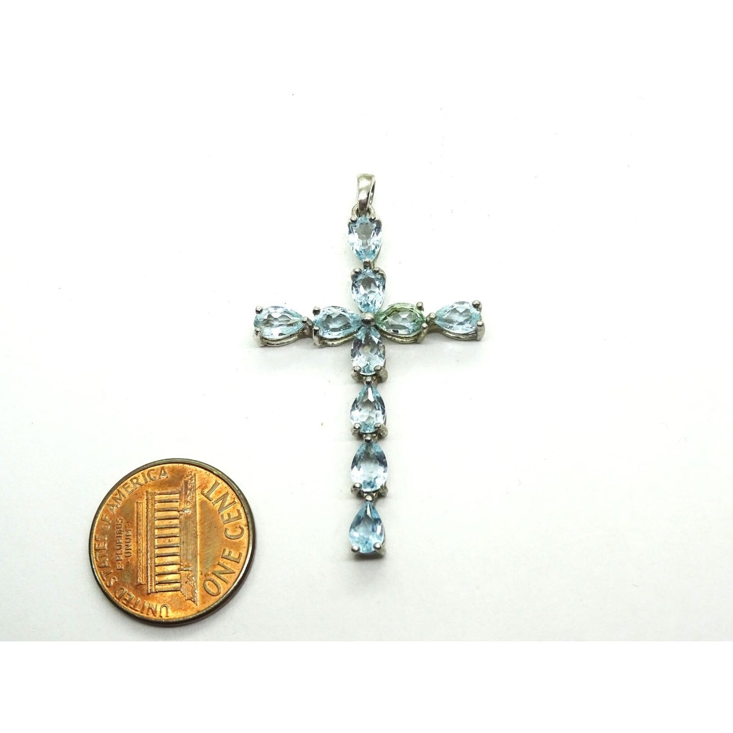 Pear Blue Topaz Cross Pendant Sterling Silver