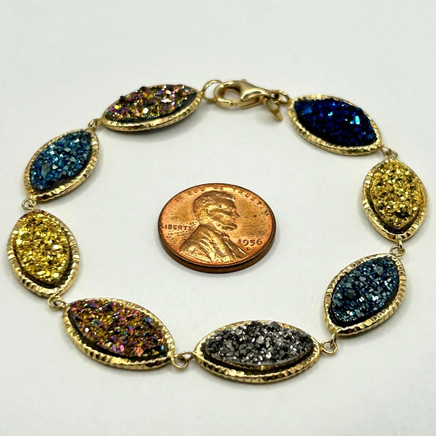 Estate Vintage Milor 14k Yellow Gold Marquise Druzy Link Bracelet Italy 7.5”
