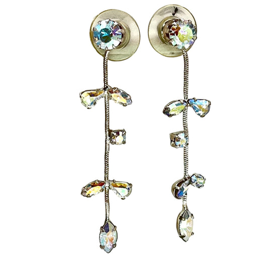 Aurora Borealis 14K Gold Posts Dangle Drop Earrings Floral Vine Formal Bridal