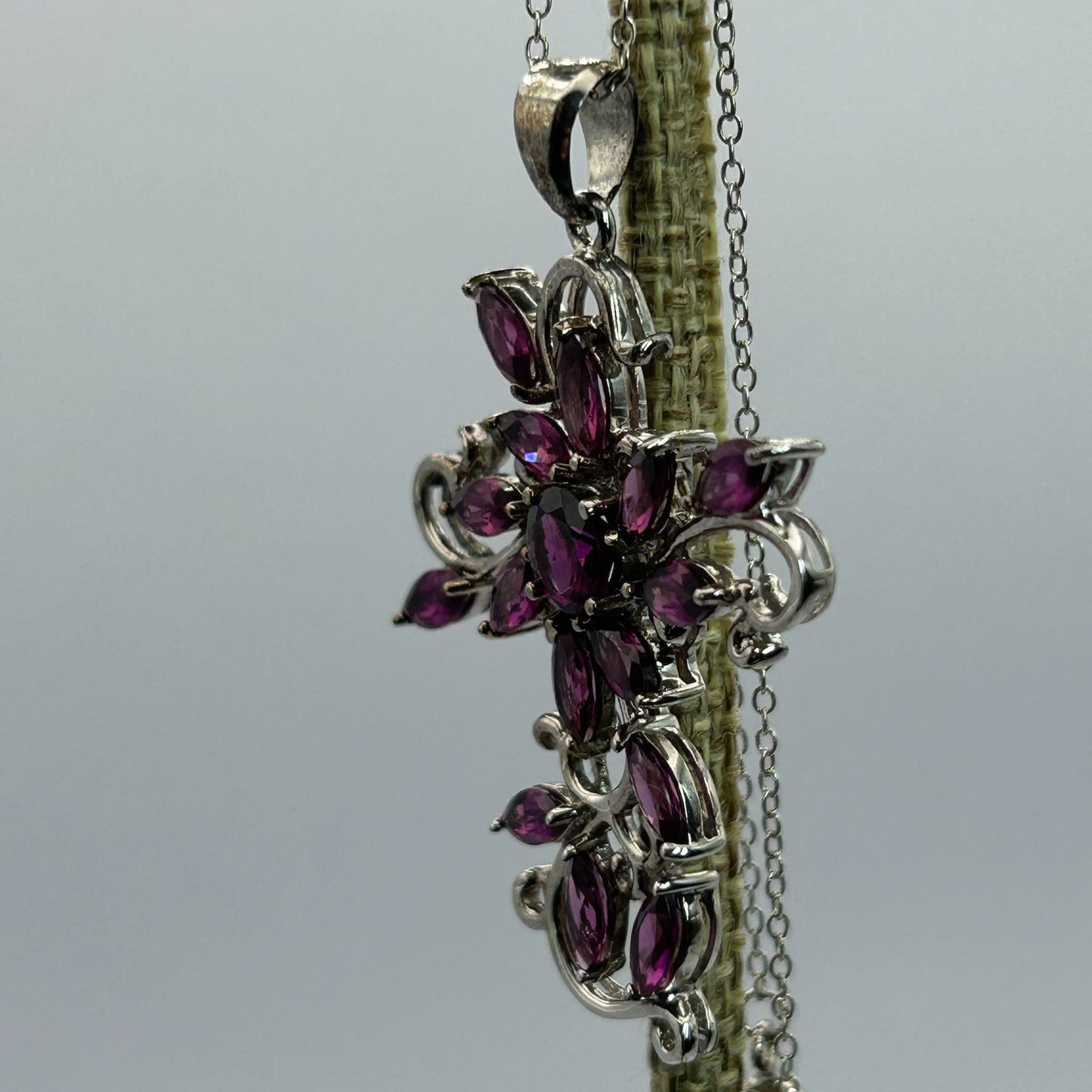BBJ .925 Sterling Silver Raspberry Rhodolite Cross Pendant 18.5” Necklace