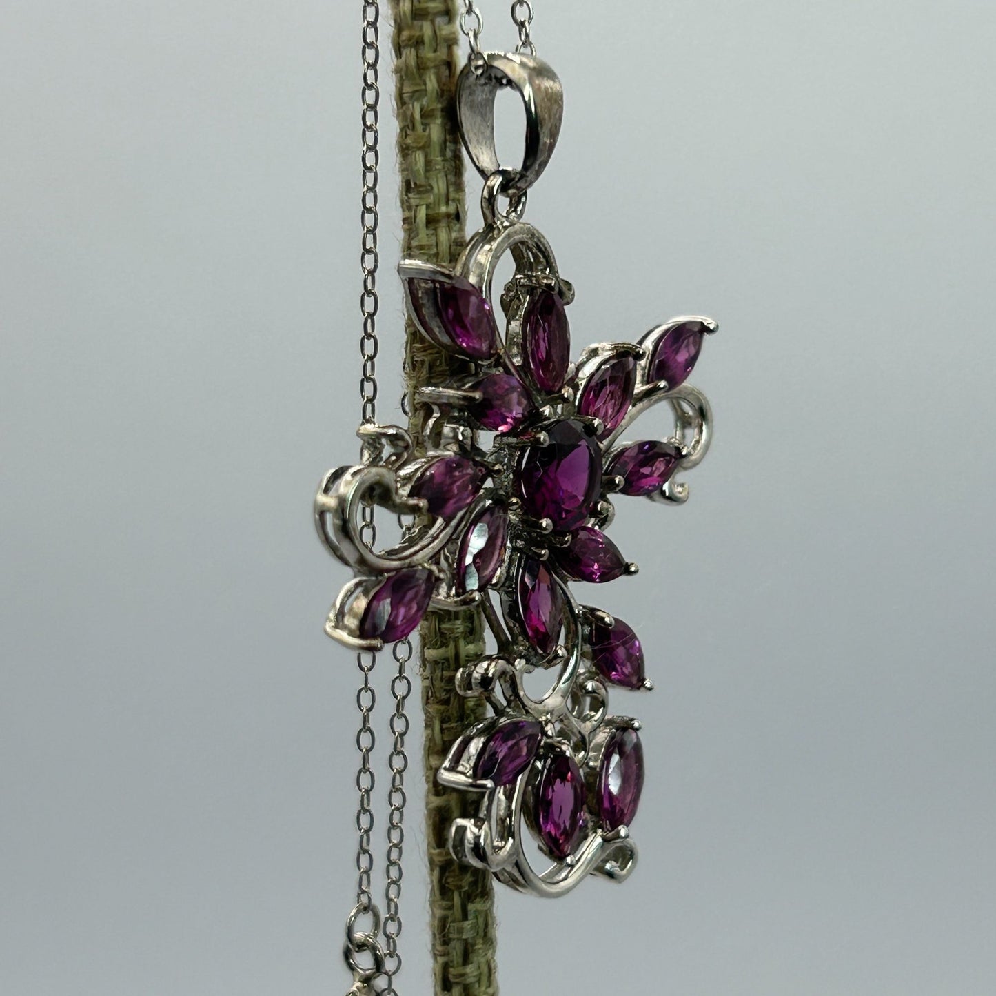 BBJ .925 Sterling Silver Raspberry Rhodolite Cross Pendant 18.5” Necklace