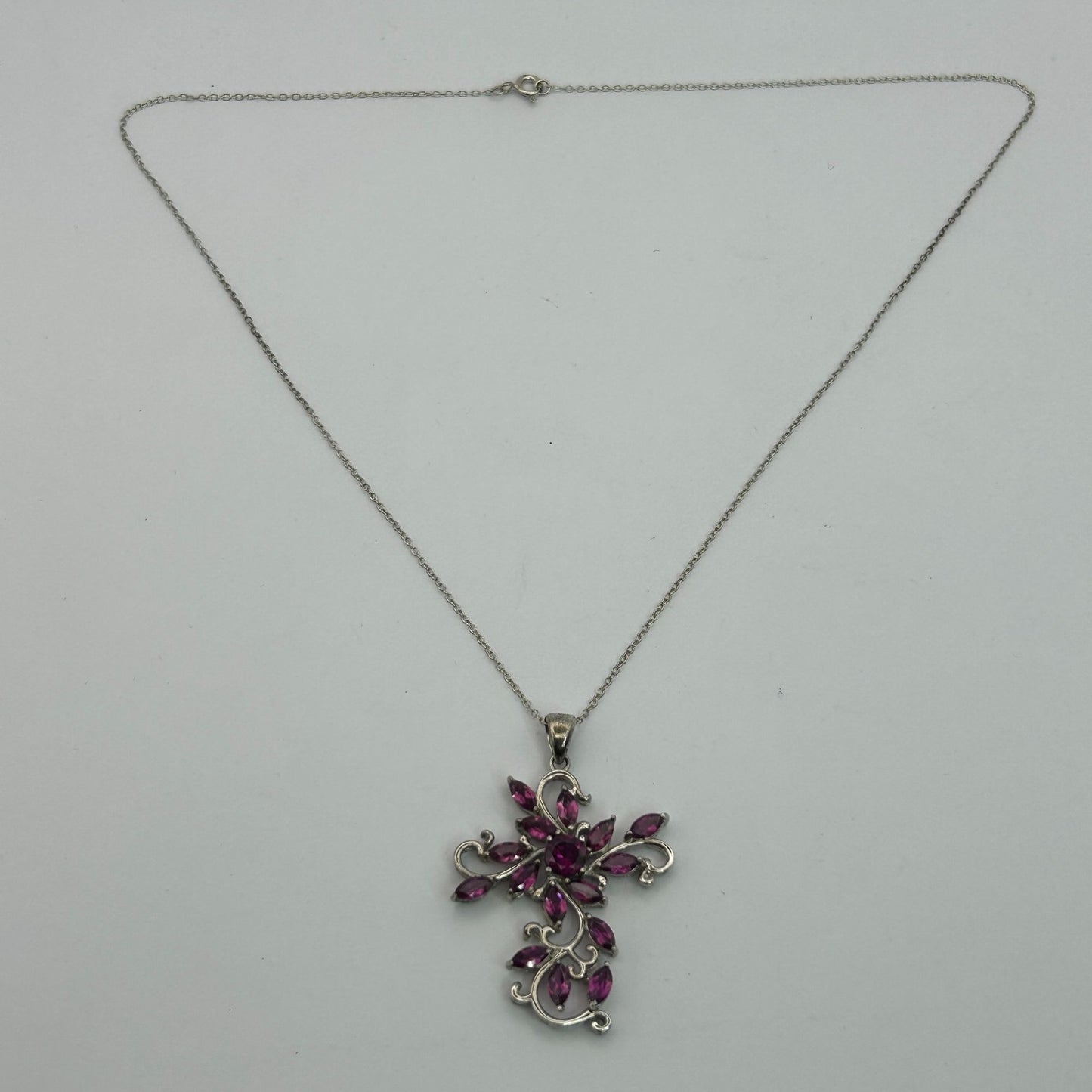 BBJ .925 Sterling Silver Raspberry Rhodolite Cross Pendant 18.5” Necklace