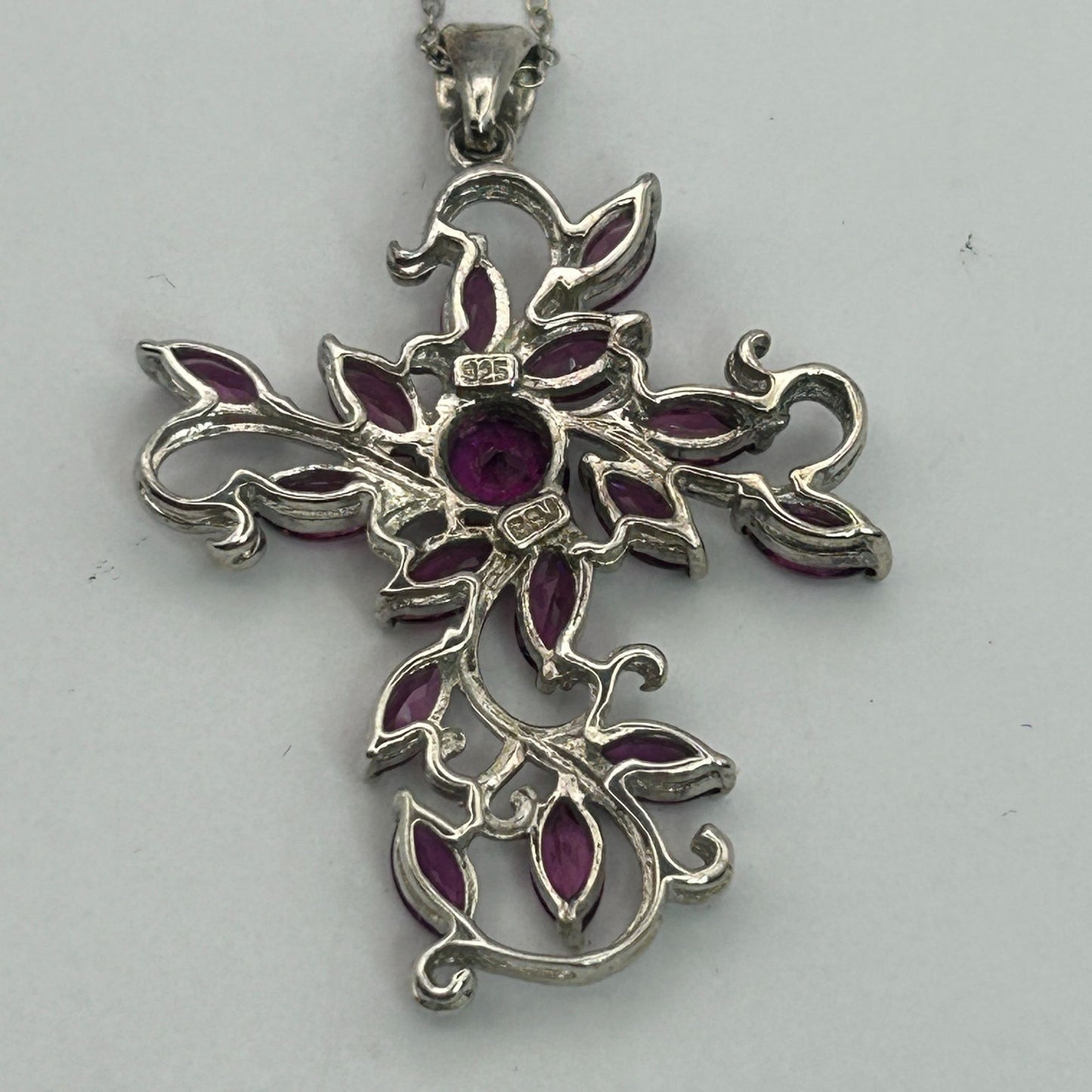 BBJ .925 Sterling Silver Raspberry Rhodolite Cross Pendant 18.5” Necklace