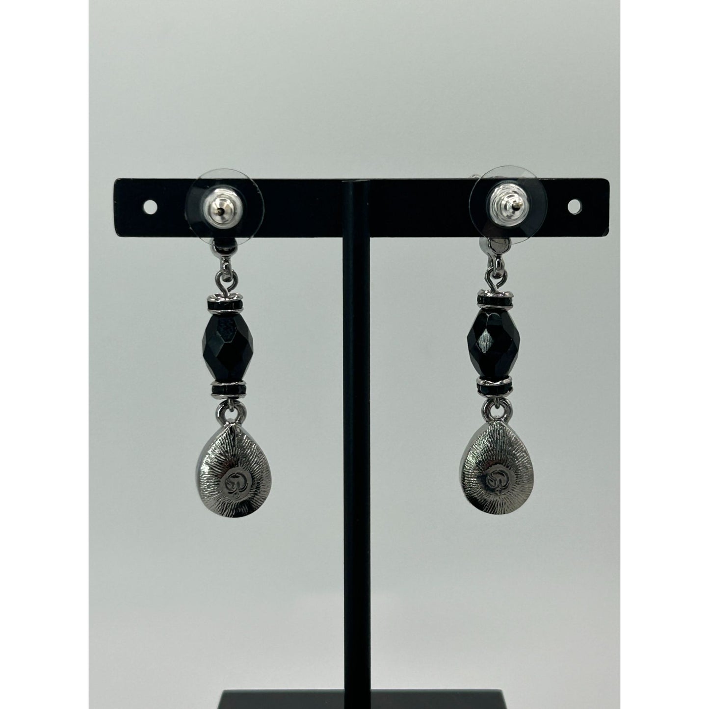 St John Medium 2" Silver Drop Dangle Black Earrings