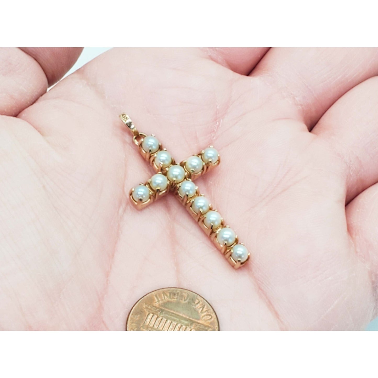 4mm Pearl Cross Pendant 14k Gold