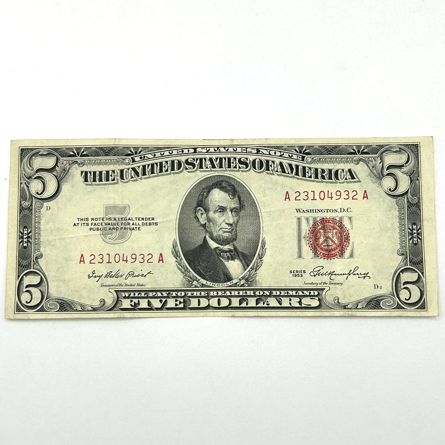 1953 $5 Five Dollar Bill Red Seal - Circulated - A23104932A