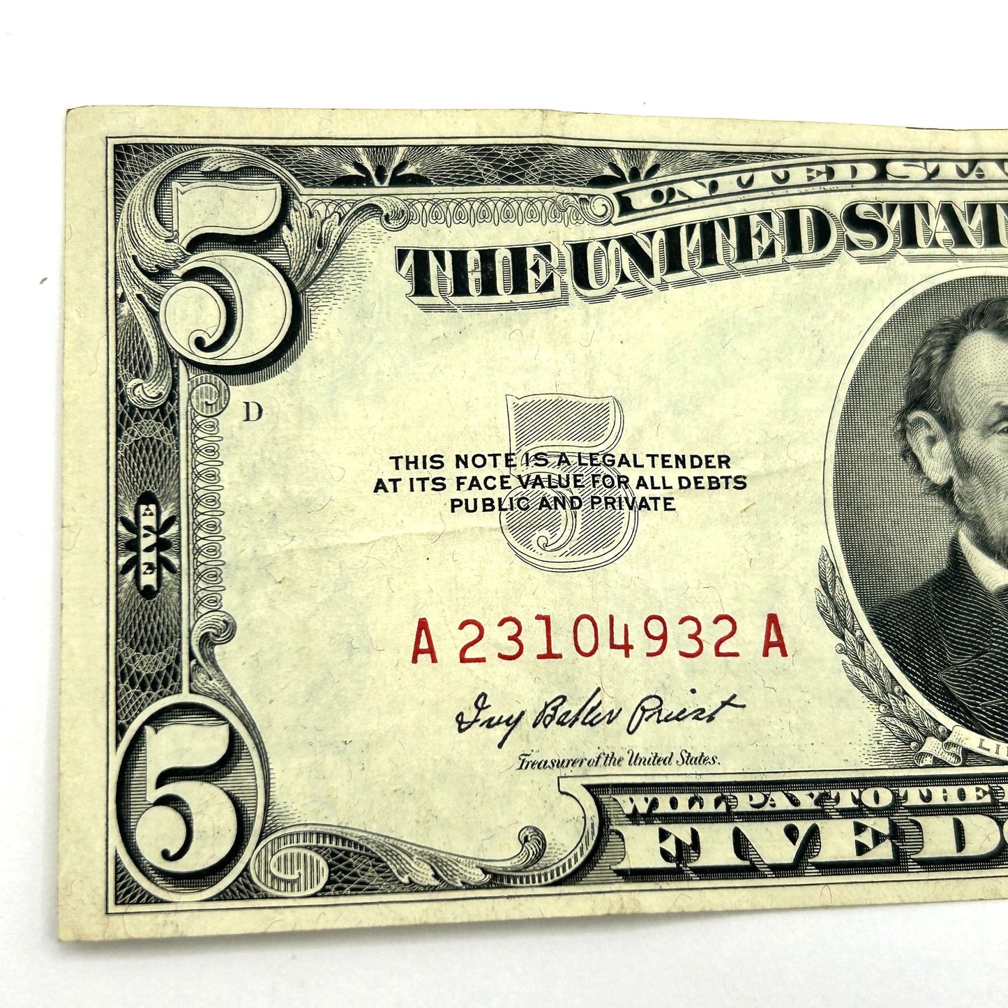 1953 $5 Five Dollar Bill Red Seal - Circulated - A23104932A