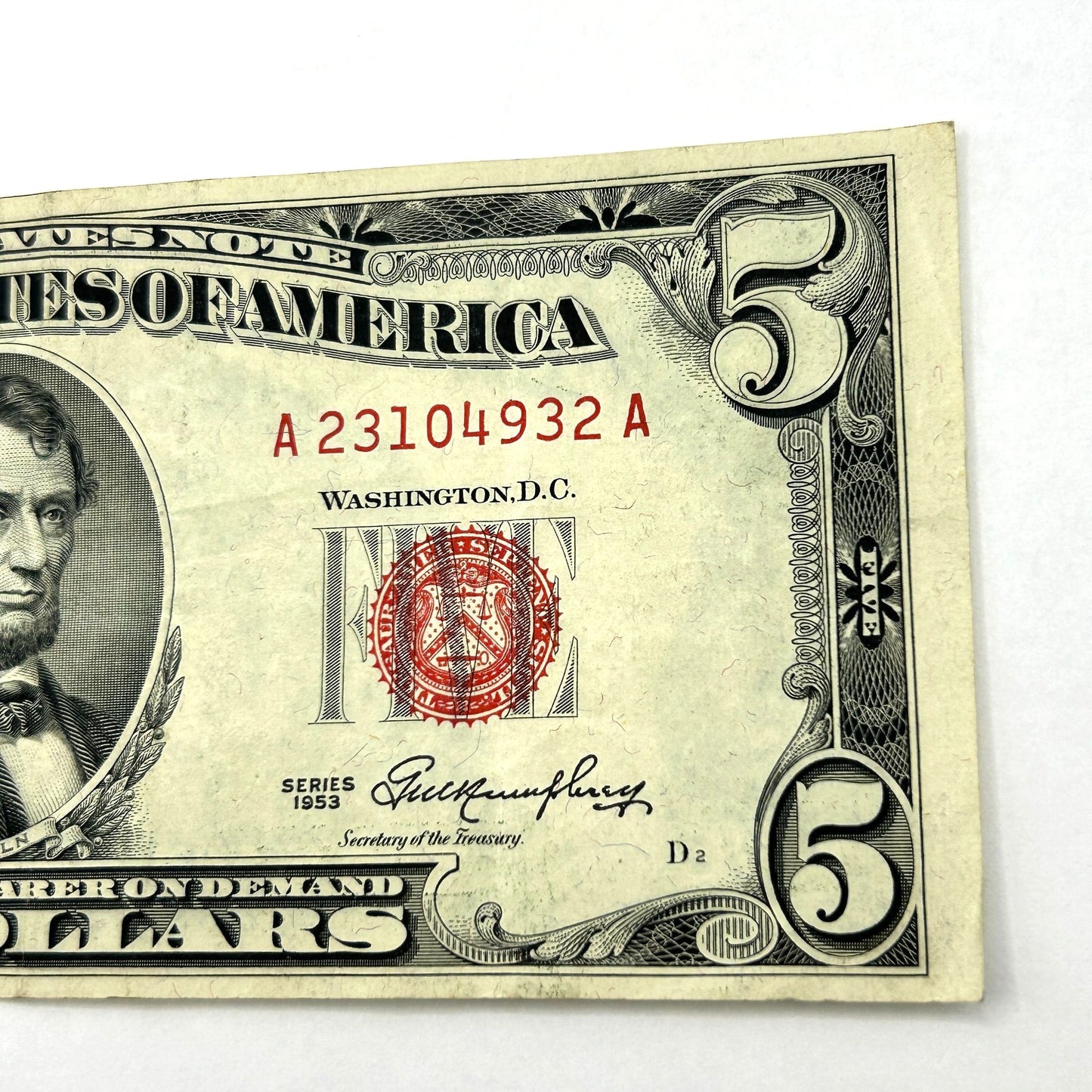 1953 $5 Five Dollar Bill Red Seal - Circulated - A23104932A