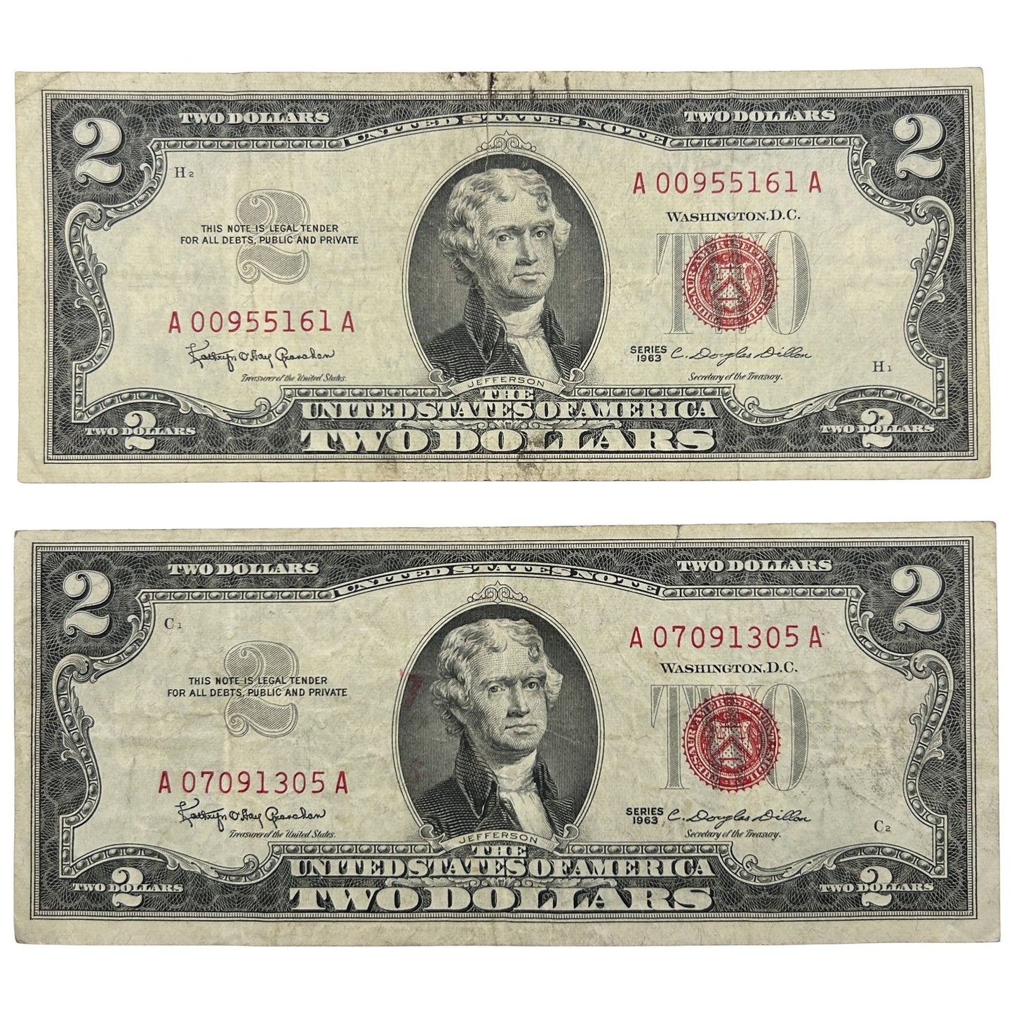 LOT OF 2 1963 Red Seal $2 Bill Banknotes - Circulated