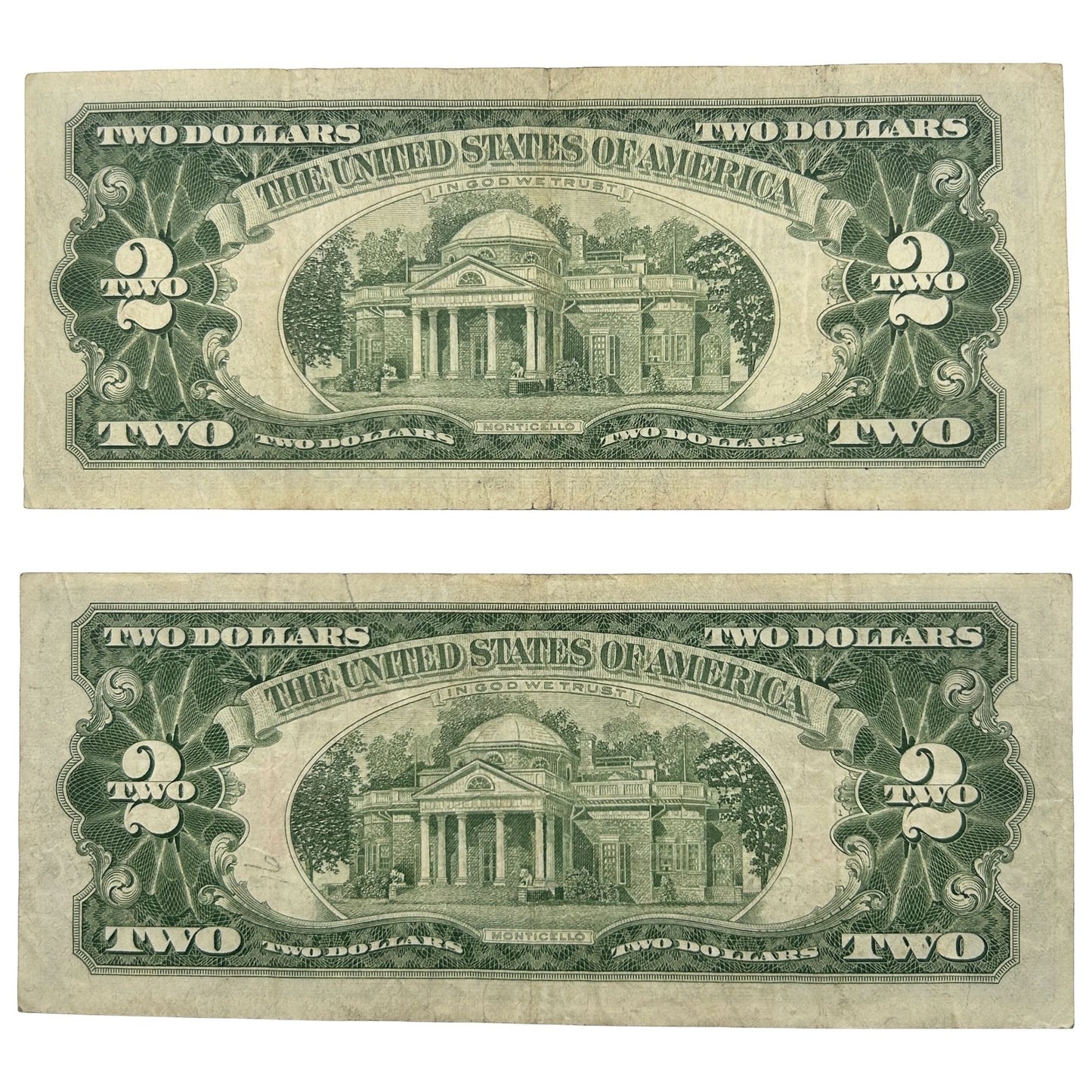 LOT OF 2 1963 Red Seal $2 Bill Banknotes - Circulated