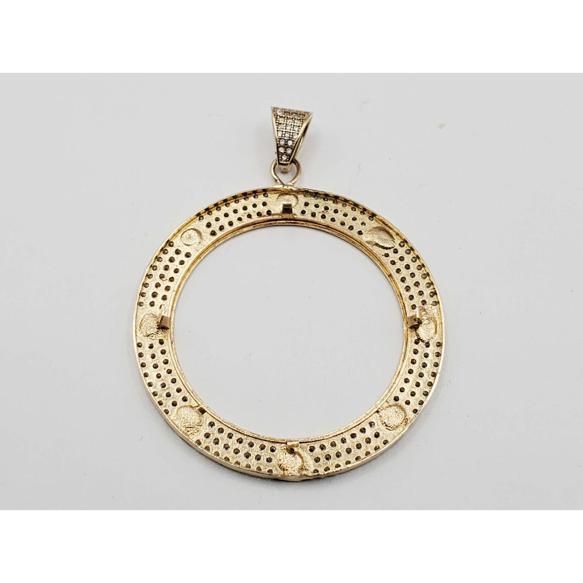 14k Yellow Gold Coin Bezel Pendant Black Enamel CZ Pave