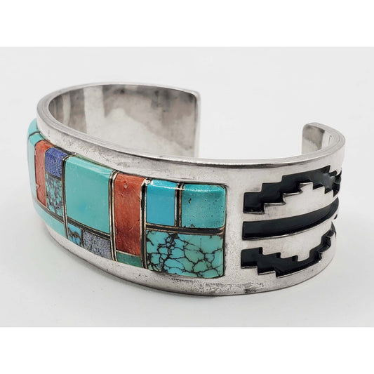 Southwestern Multi-Gemstone Inlay Cuff Bracelet Sterling Silver TJ(?)