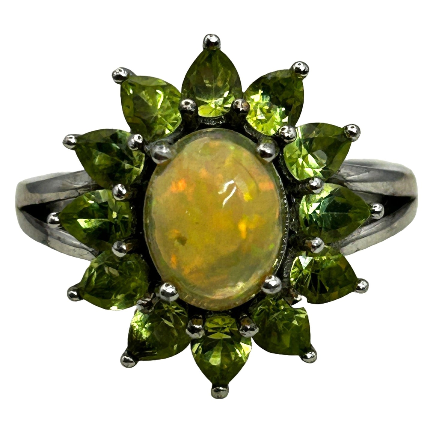 Jelly Opal and Green Peridot Flower Ring Thailand 925 KH SIZE 8