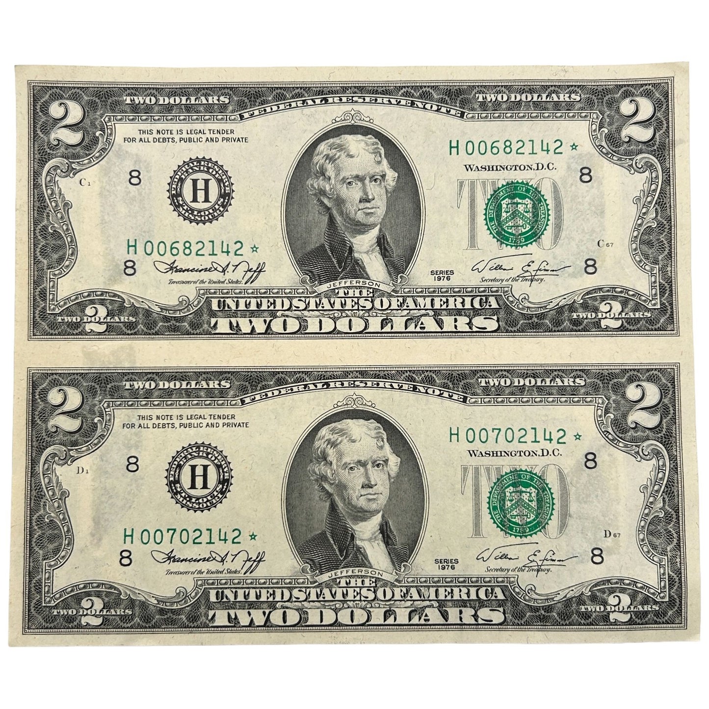 1976 $2 Uncut Sheet Of 2 Star Note Banknotes - Uncirculated