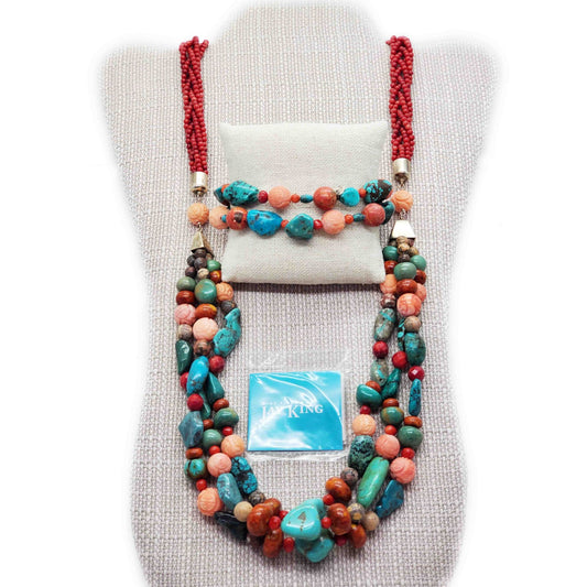 Jay King Turquoise & Red Coral Necklace & Bracelet Set Sterling Silver