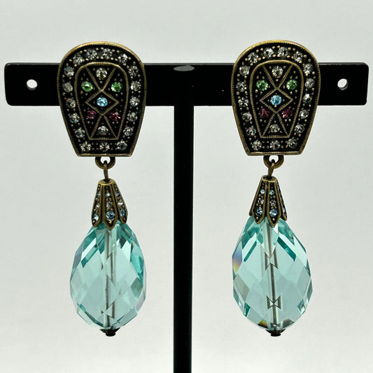 Heidi Daus Blue/Multicolor Crystal Drop Shape Clip-On Closure Dangle Earrings