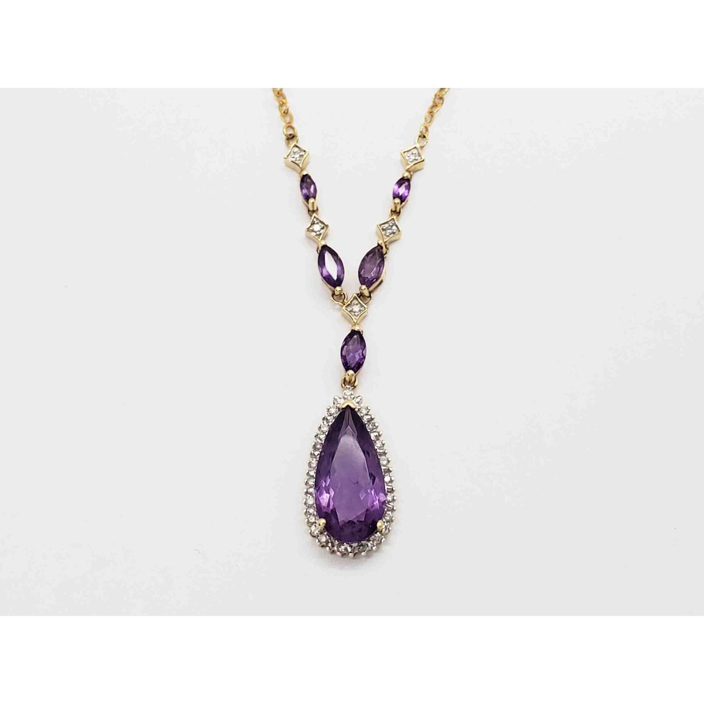 Natural Pear Amethyst & Diamond Halo Y-Drop Style Chain Necklace 14k Gold