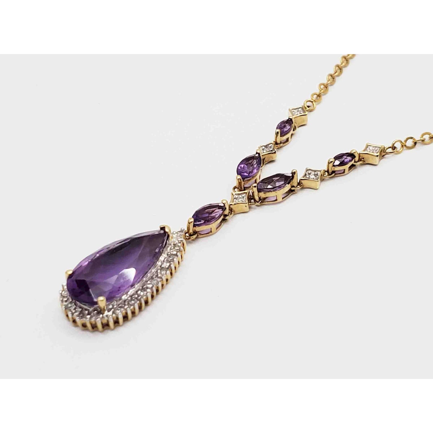 Natural Pear Amethyst & Diamond Halo Y-Drop Style Chain Necklace 14k Gold