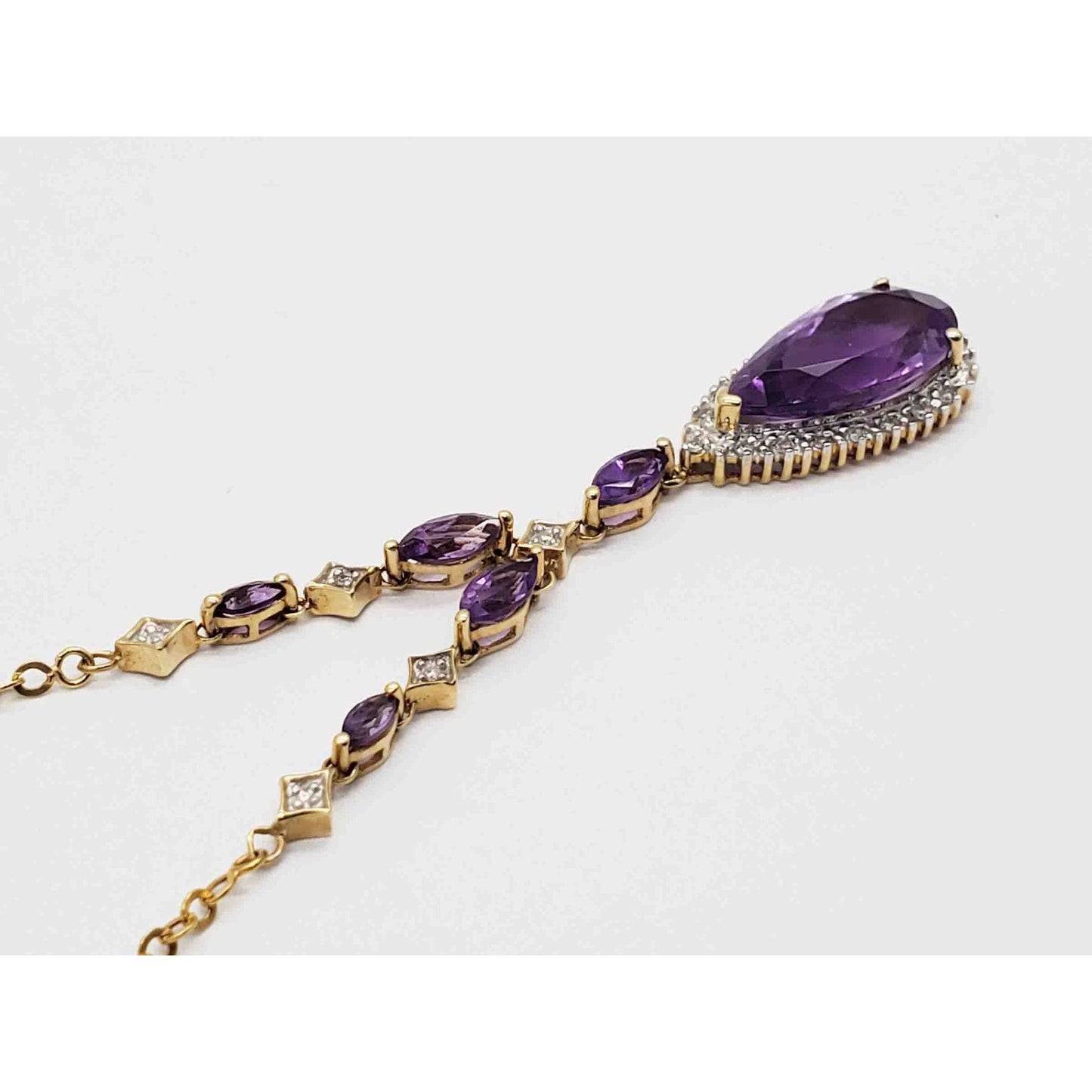 Natural Pear Amethyst & Diamond Halo Y-Drop Style Chain Necklace 14k Gold