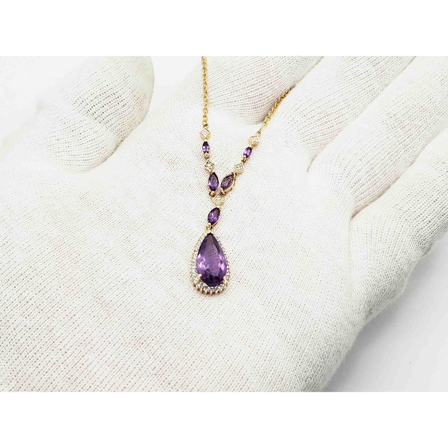Natural Pear Amethyst & Diamond Halo Y-Drop Style Chain Necklace 14k Gold
