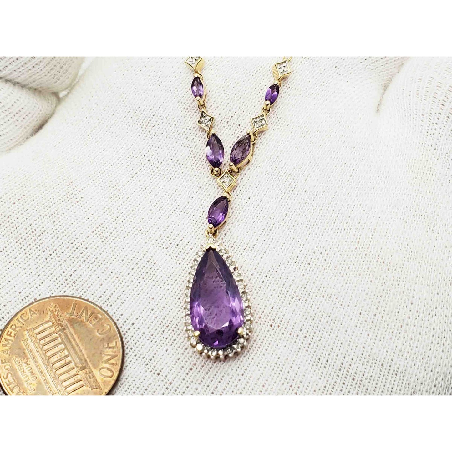 Natural Pear Amethyst & Diamond Halo Y-Drop Style Chain Necklace 14k Gold