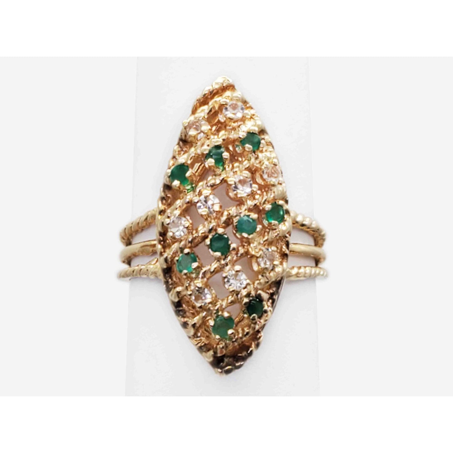 0.54 ctw Natural Emerald & Diamond Navette Setting Gold Ring 14k Gold Size 6