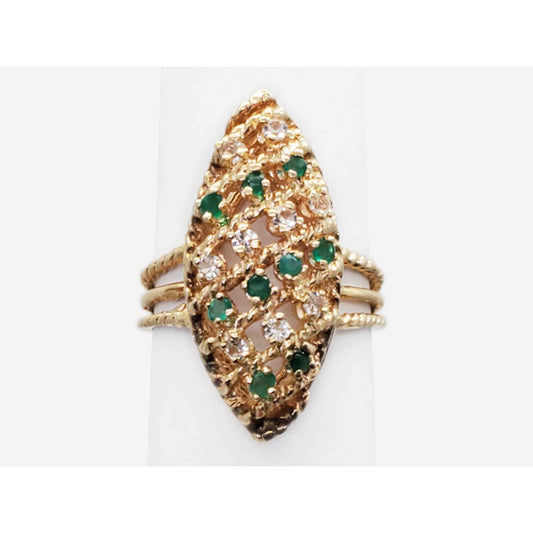0.54 ctw Natural Emerald & Diamond Navette Setting Gold Ring 14k Gold Size 6