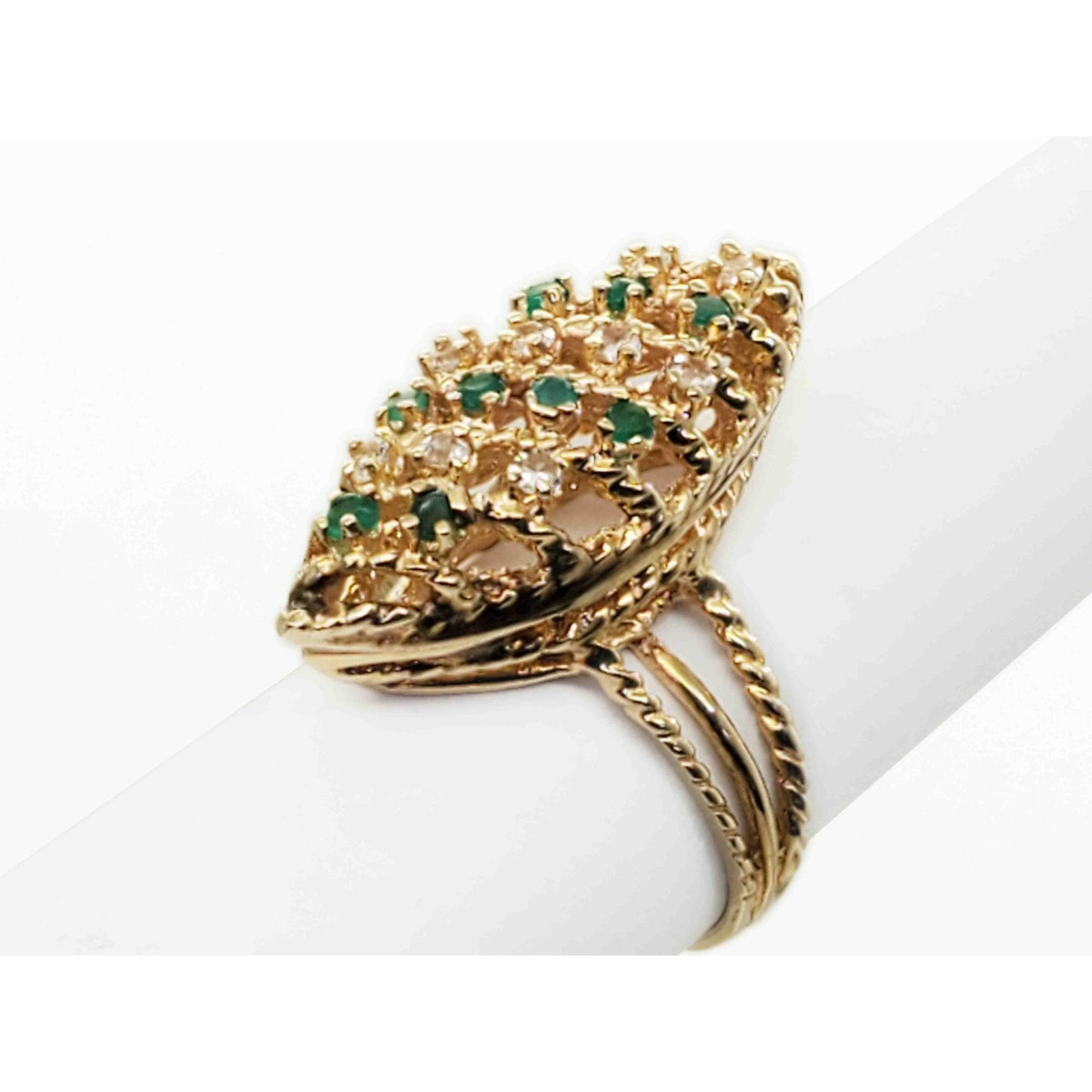 0.54 ctw Natural Emerald & Diamond Navette Setting Gold Ring 14k Gold Size 6