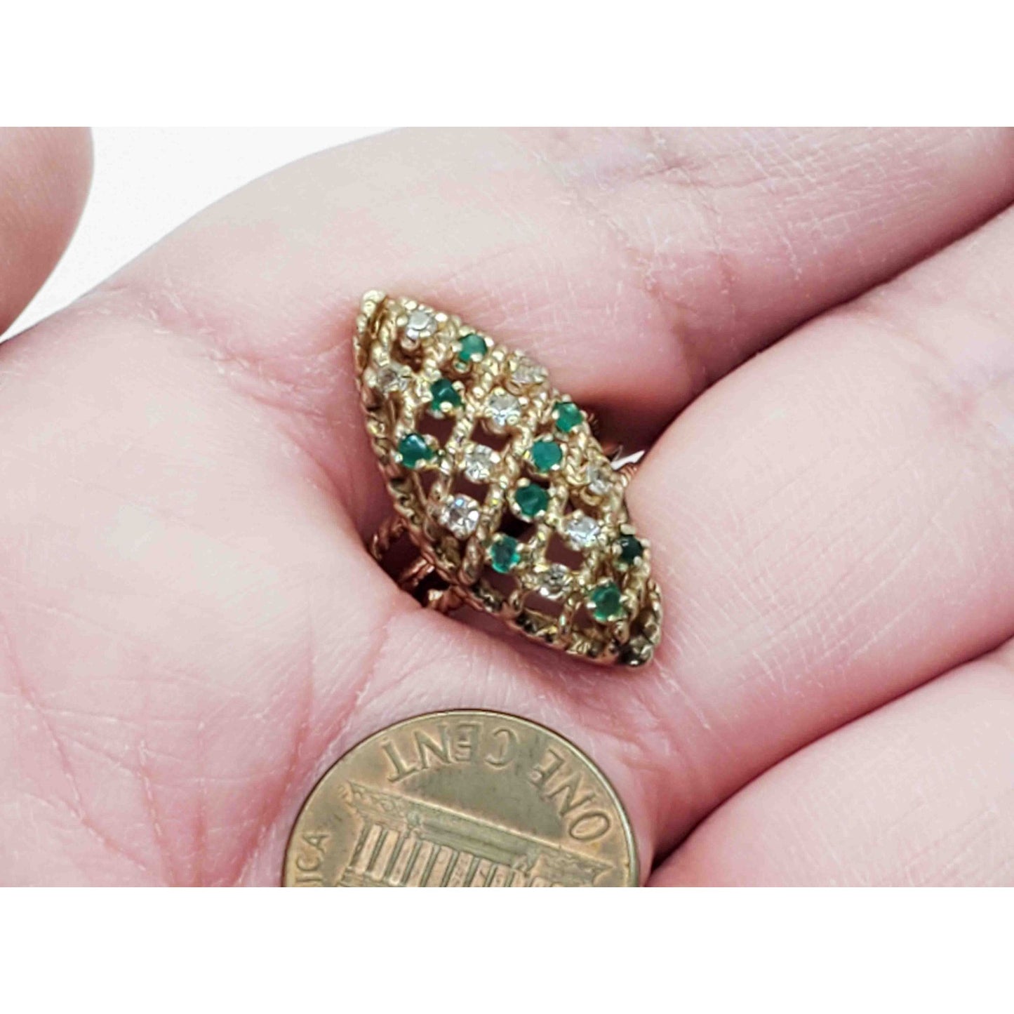 0.54 ctw Natural Emerald & Diamond Navette Setting Gold Ring 14k Gold Size 6