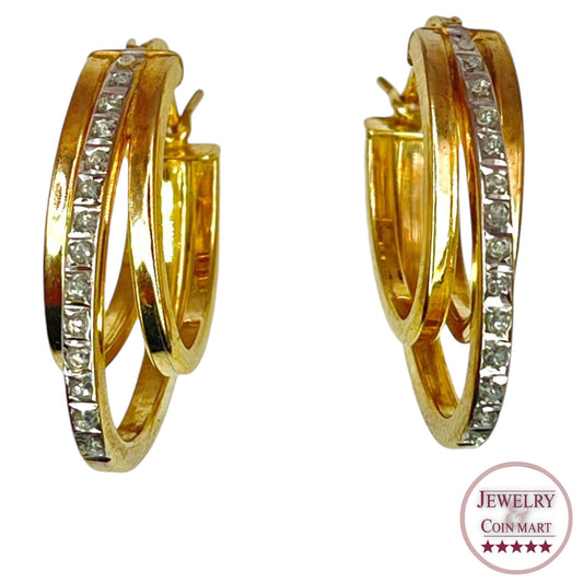 925 Sterling Silver Gold Layered Triple Row Hoop Earrings Cubic Zirconia Classic