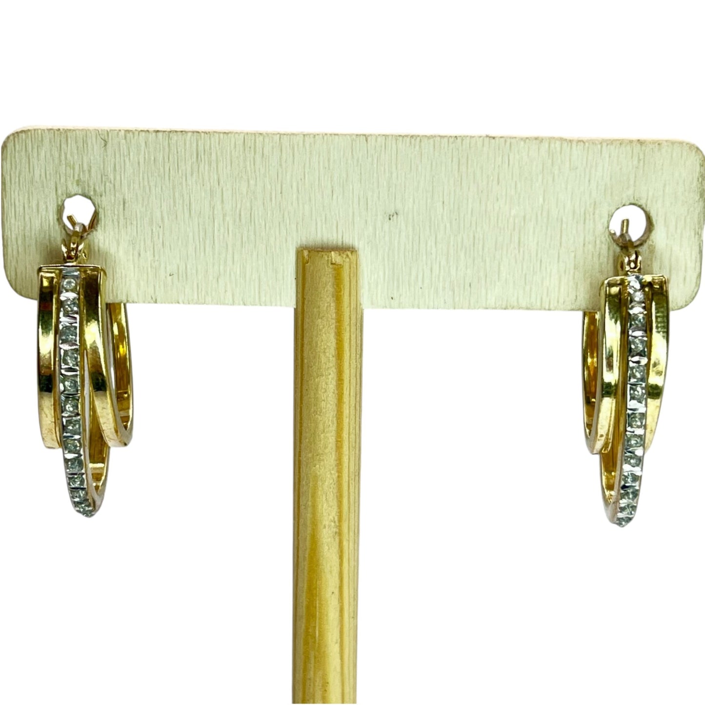 925 Sterling Silver Gold Layered Triple Row Hoop Earrings Cubic Zirconia Classic