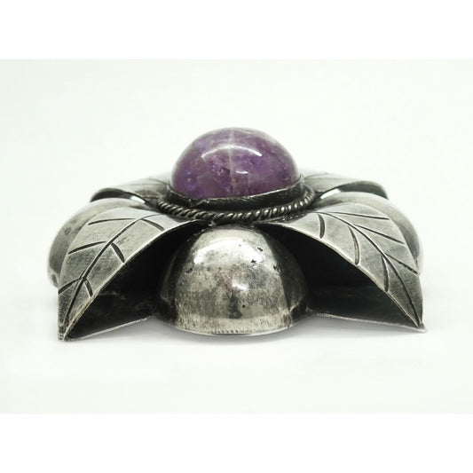 Large Amethyst Round Cabochon Flower Brooch Pin Mexico Sterling Silver