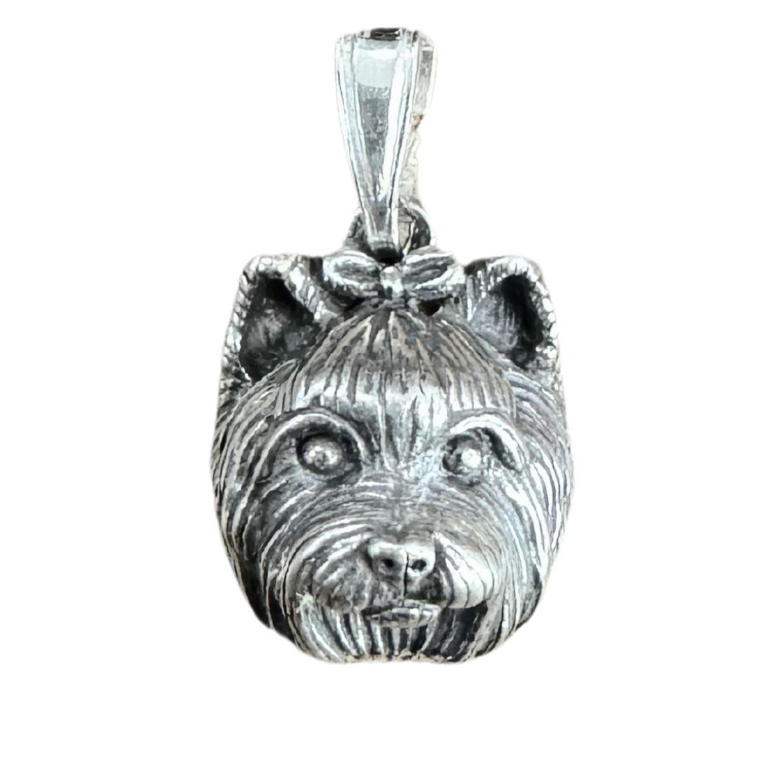 SS Yorkshire Terrier w/bow Bark Beads Pendant