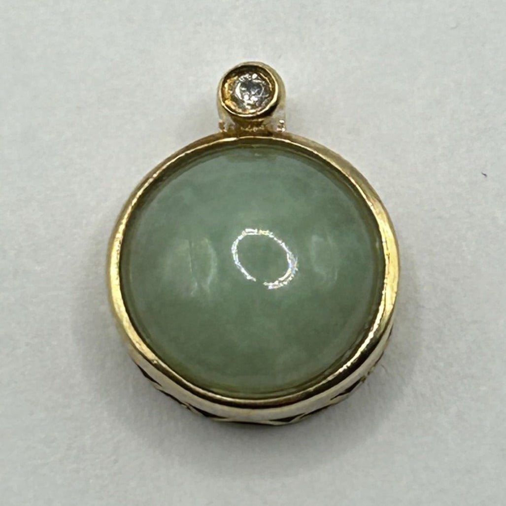 Natural Jade 10k Gold Round Pendant Charm with Small CZ stone
