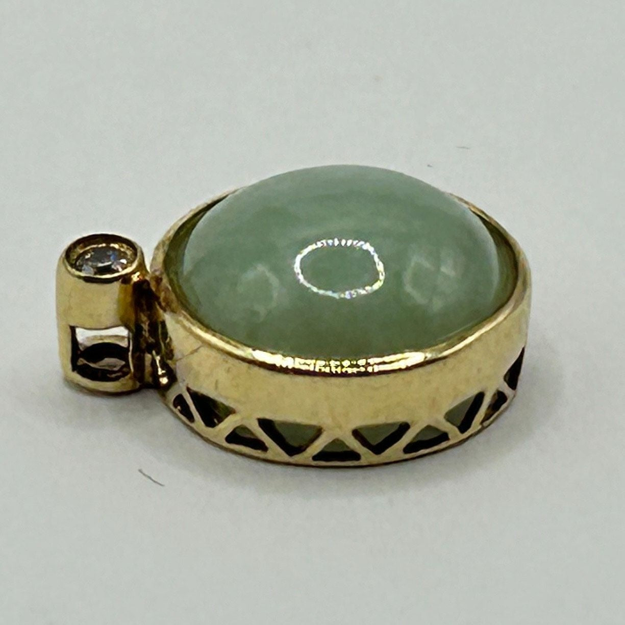 Natural Jade 10k Gold Round Pendant Charm with Small CZ stone