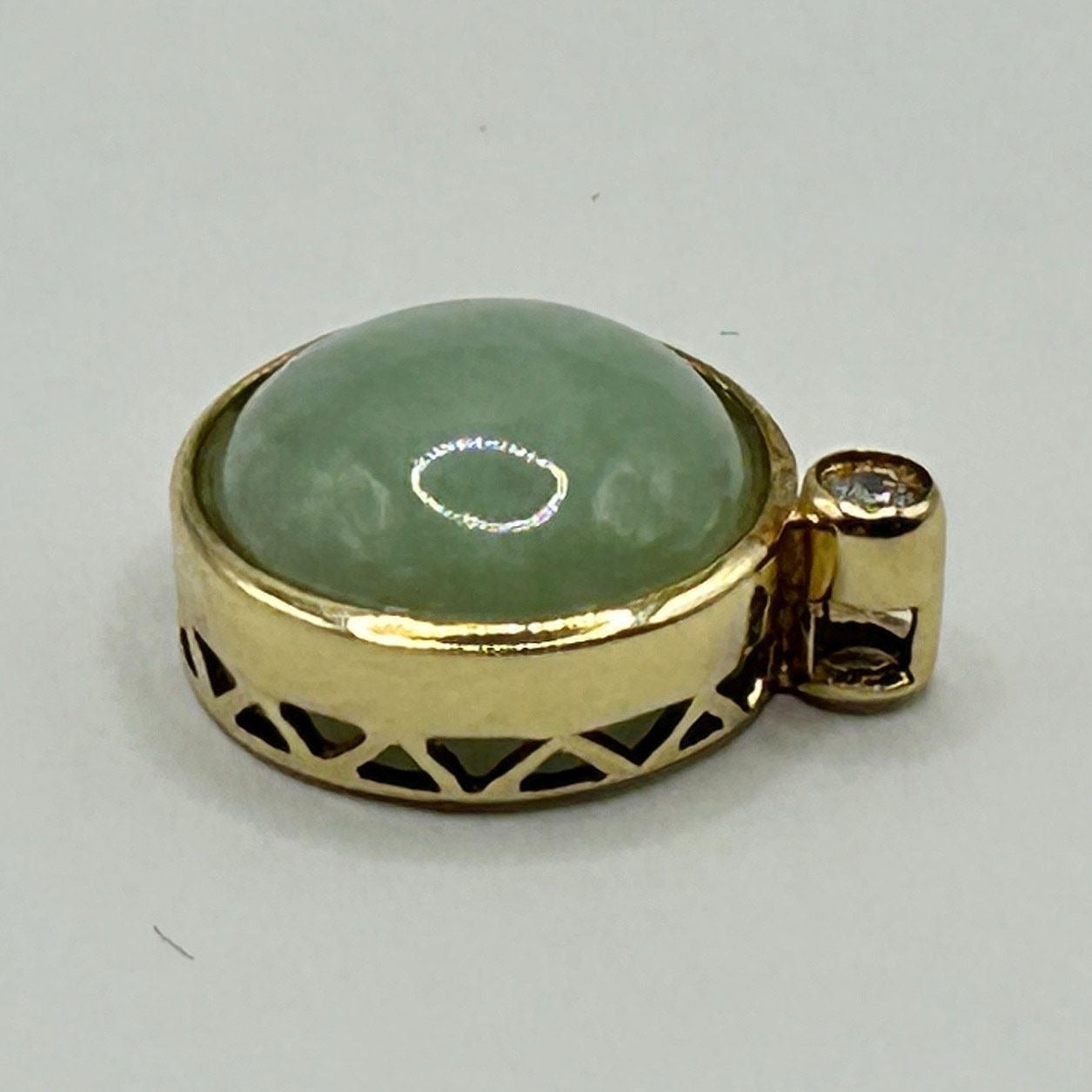 Natural Jade 10k Gold Round Pendant Charm with Small CZ stone