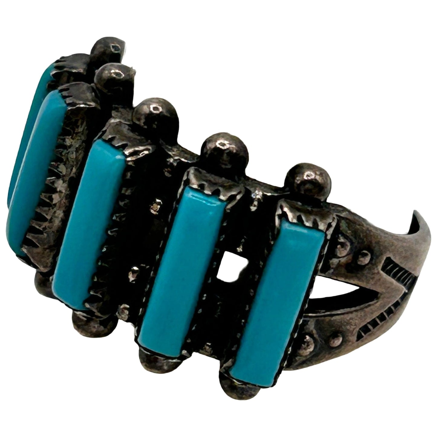 925 Sterling Silver Petit Point Old Pawn Synthetic Turquoise Ring - Size 6.75