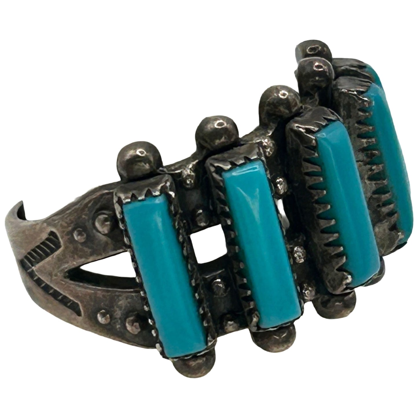 925 Sterling Silver Petit Point Old Pawn Synthetic Turquoise Ring - Size 6.75