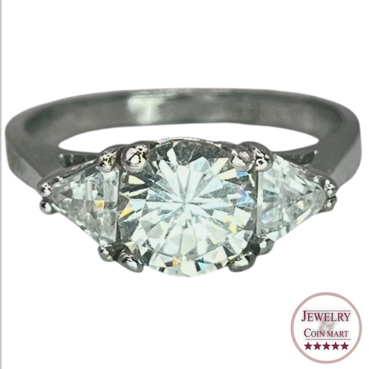 925 Silver Round Cut Trillion Accents 3 Stone CZ Ring Sz 7.75 Engagement Bridal
