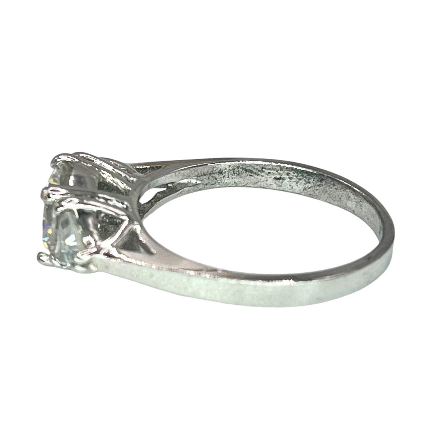 925 Silver Round Cut Trillion Accents 3 Stone CZ Ring Sz 7.75 Engagement Bridal