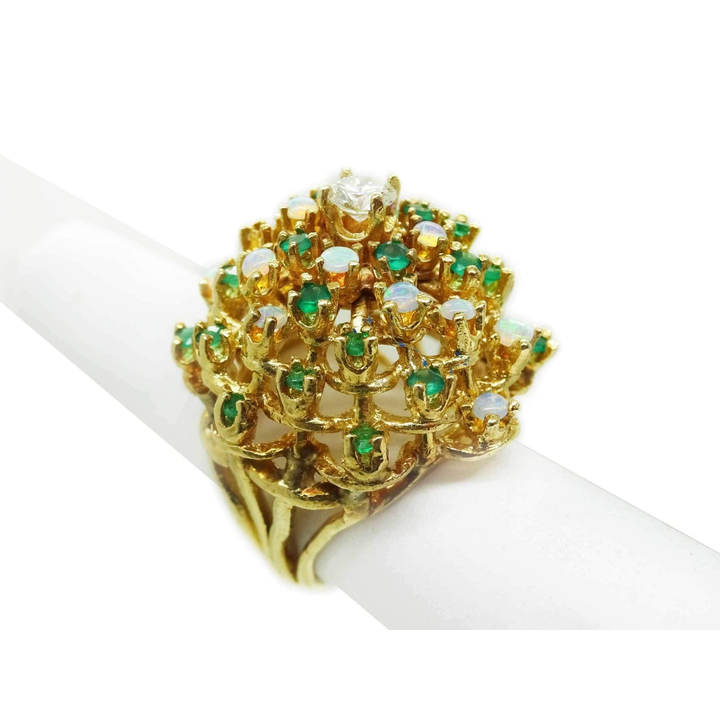 1.7ctw Natural Emerald Opal & Diamond Cluster Filigree Dome Ring 14k Gold Size 4