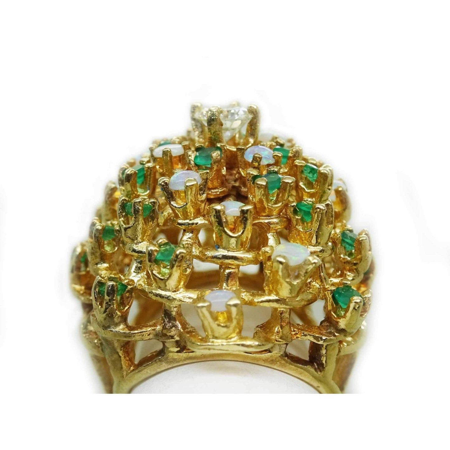 1.7ctw Natural Emerald Opal & Diamond Cluster Filigree Dome Ring 14k Gold Size 4