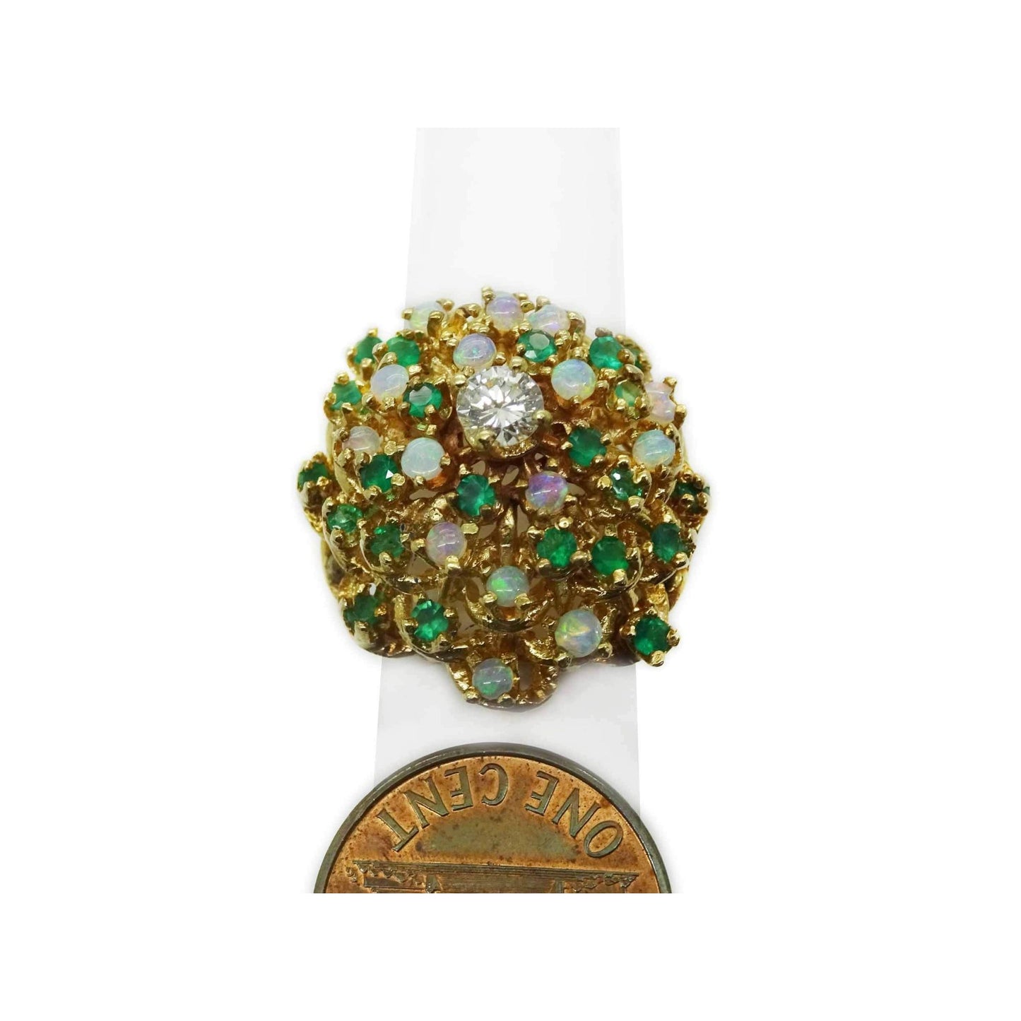 1.7ctw Natural Emerald Opal & Diamond Cluster Filigree Dome Ring 14k Gold Size 4