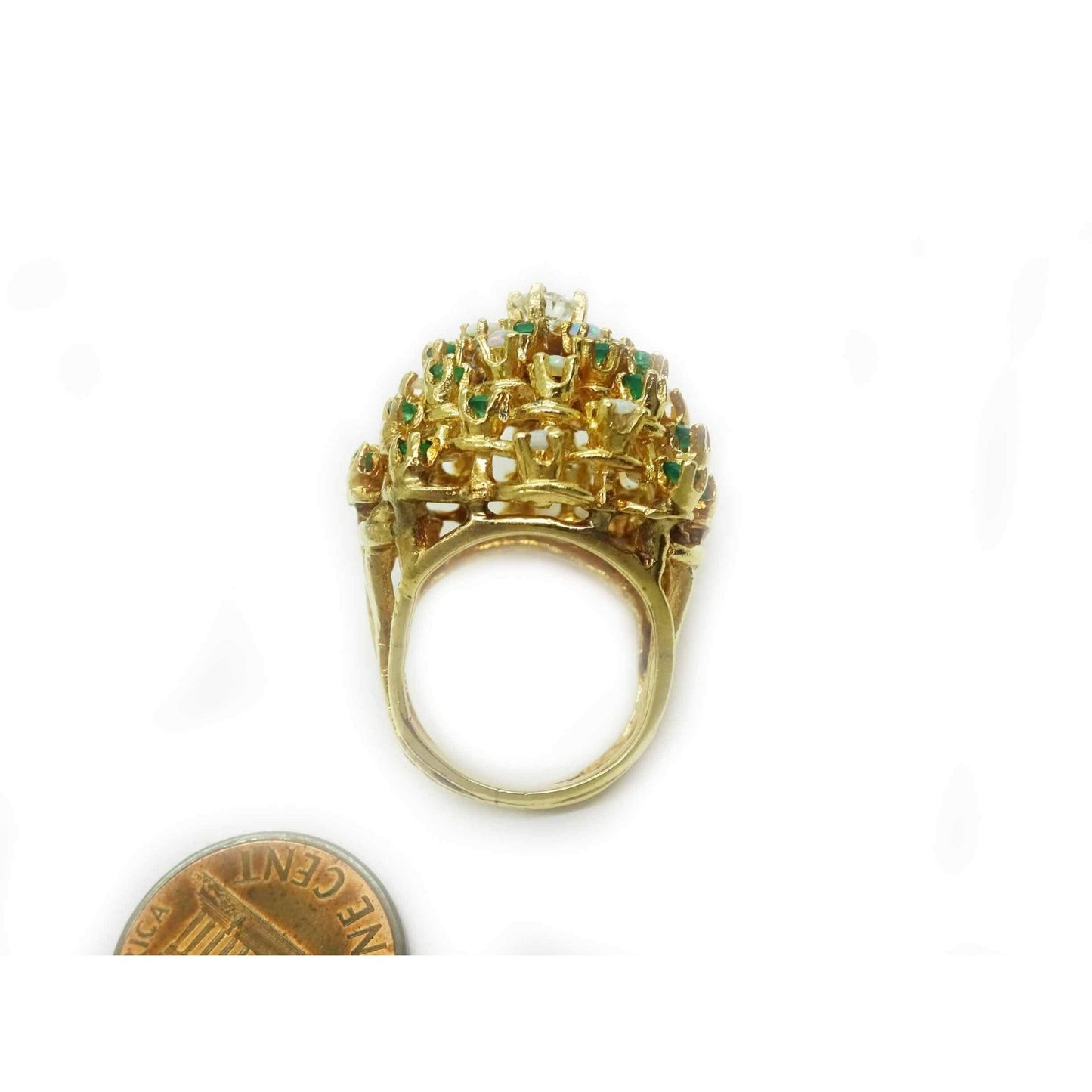 1.7ctw Natural Emerald Opal & Diamond Cluster Filigree Dome Ring 14k Gold Size 4