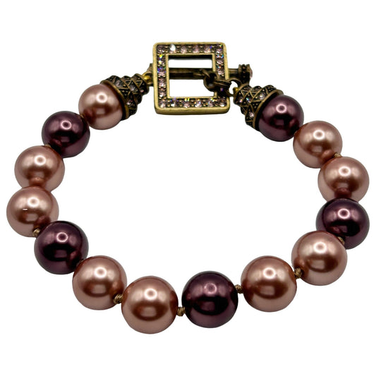 Heidi Daus Vintage Gold Taupe Faux Pearl Toggle Bracelet with Pink Gemstones