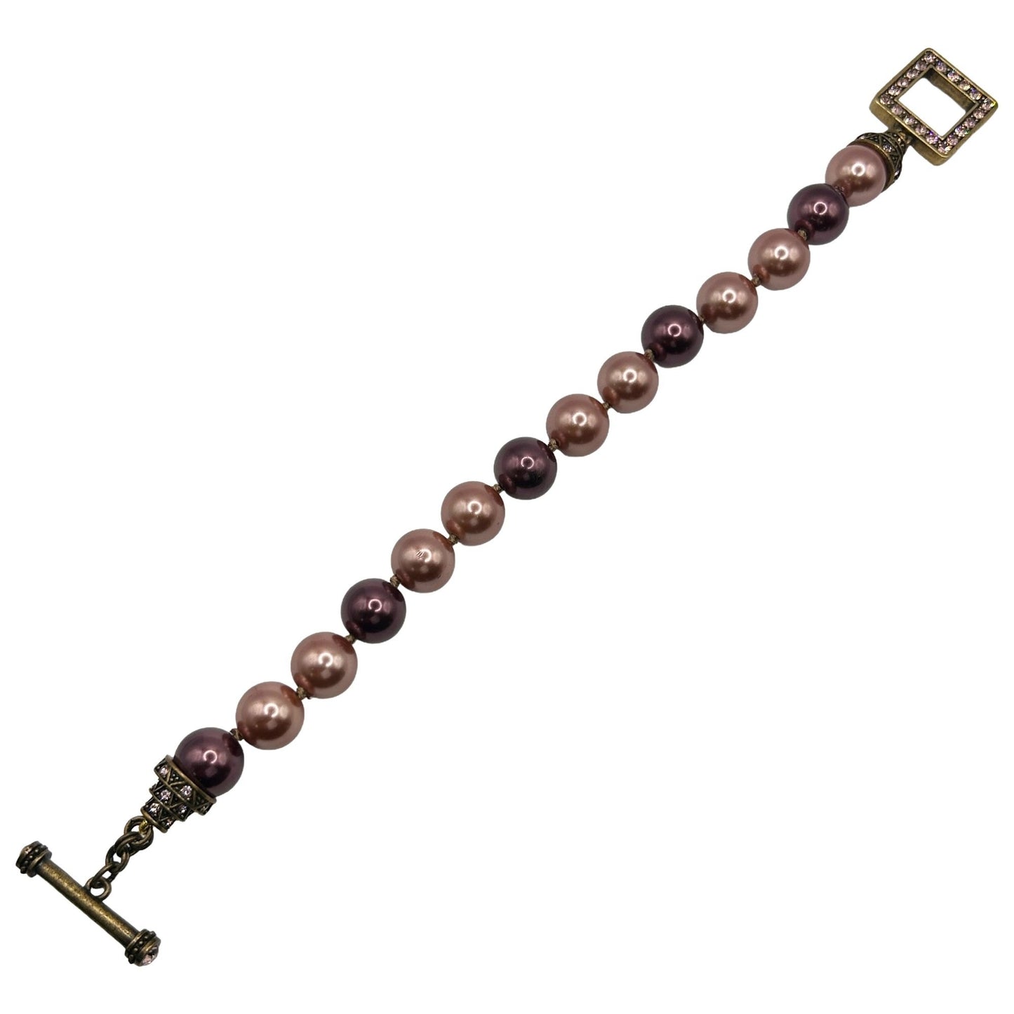 Heidi Daus Vintage Gold Taupe Faux Pearl Toggle Bracelet with Pink Gemstones