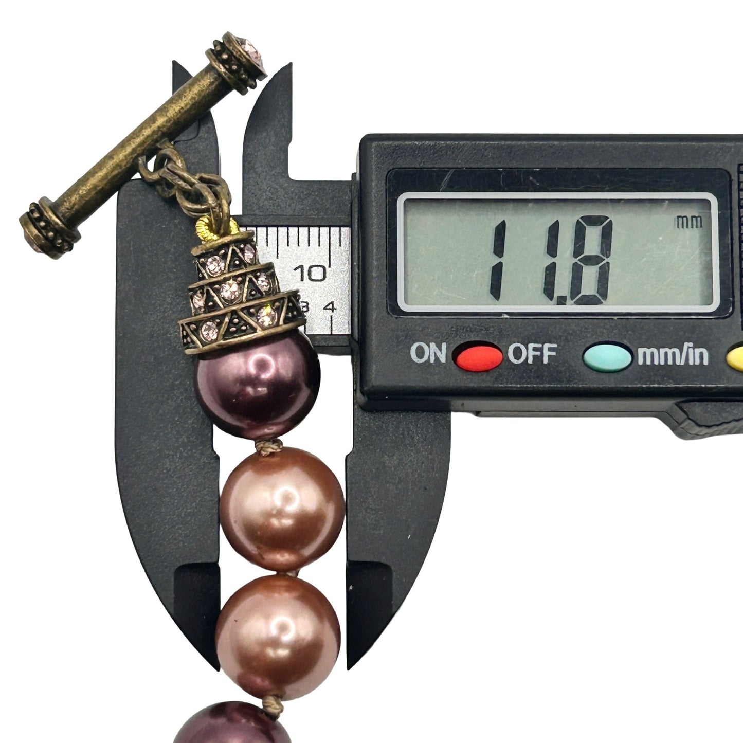 Heidi Daus Vintage Gold Taupe Faux Pearl Toggle Bracelet with Pink Gemstones